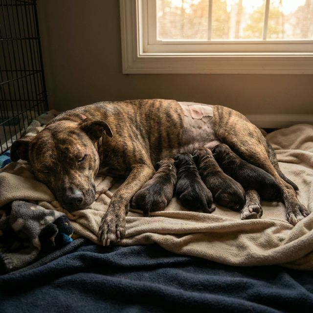 Newborn puppies nursing after c-section surgery