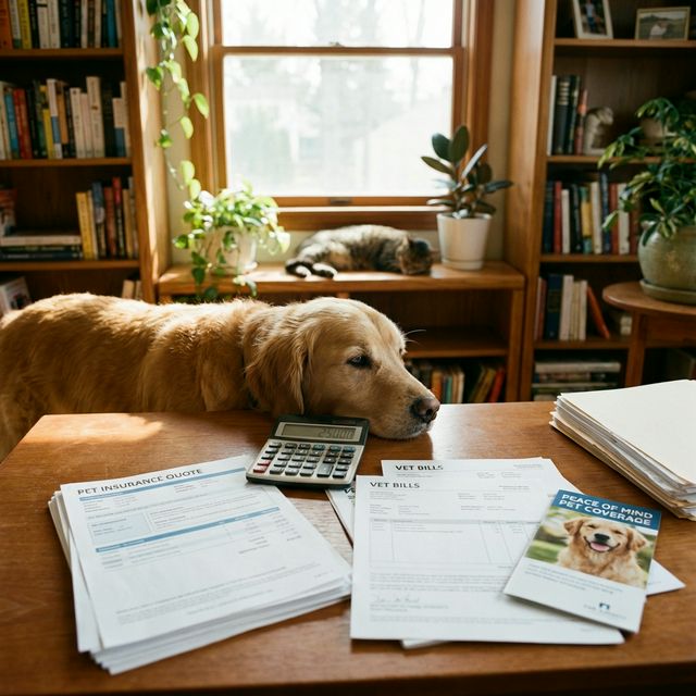 Golden retriever with insurance documents and calculator