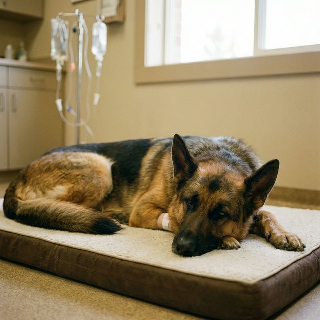 German Shepherd recovering from GDV surgery
