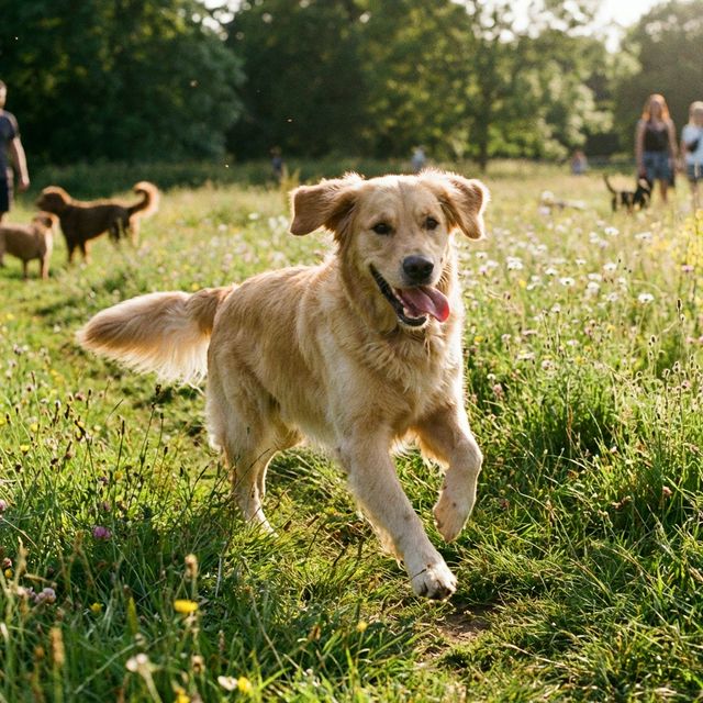 Golden Retriever tripod dog running happily in a park