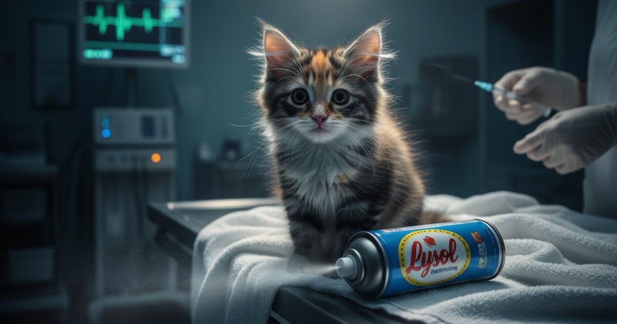 A cat sitting on a kitchen counter near household cleaning supplies