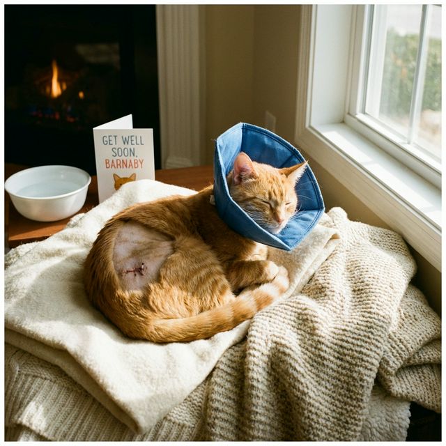 Male cat recovering from PU surgery with a cone