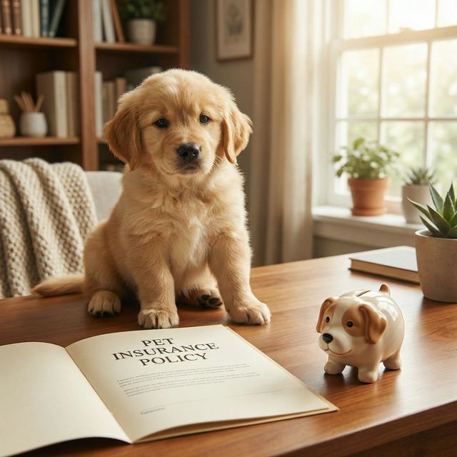 Adorable puppy sitting next to insurance documents