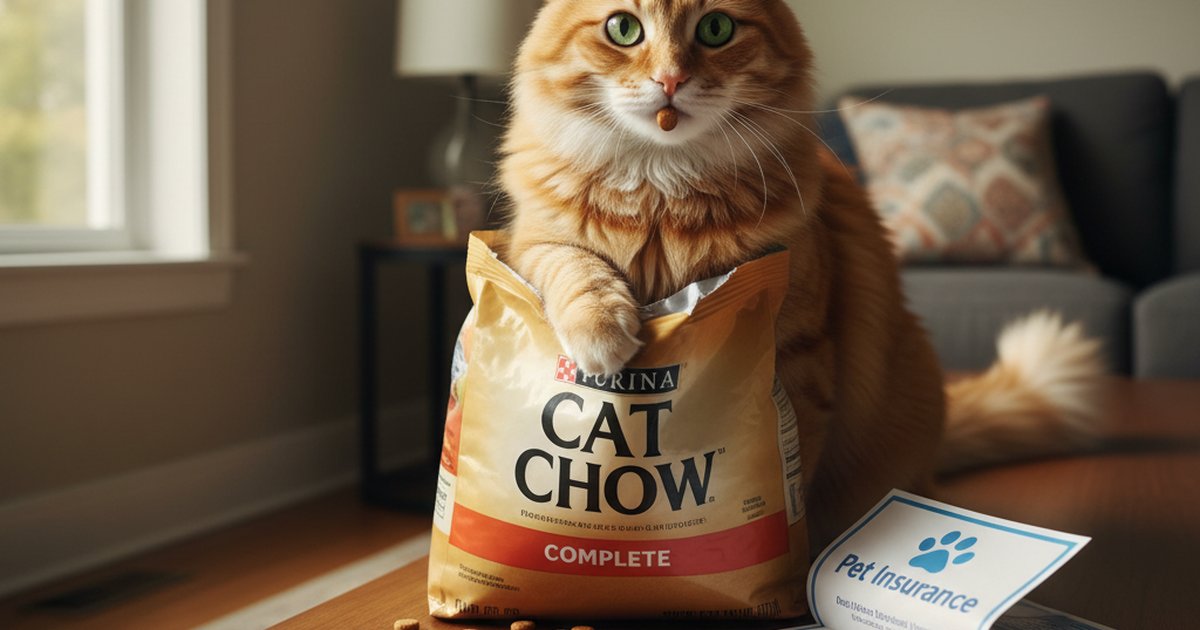 An orange tabby cat eating dry kibble from a ceramic bowl