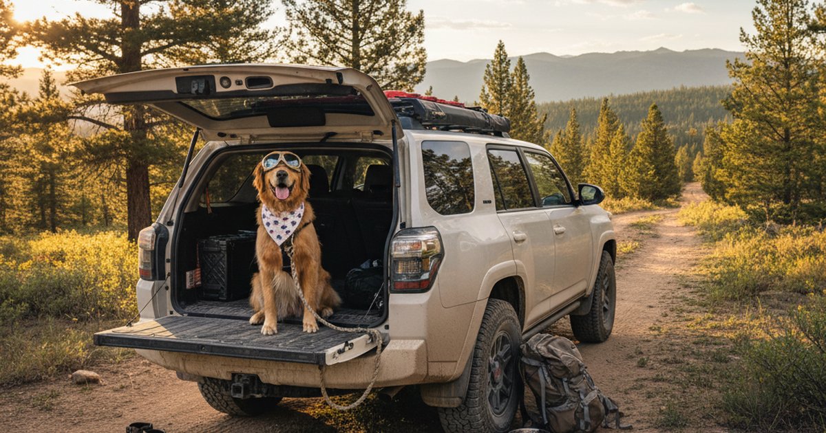 A dog looking out the back window of a Toyota 4Runner on a dirt trail